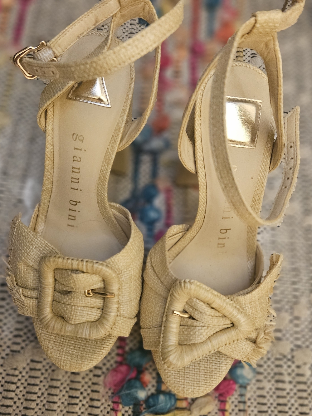 Gianni Bini Beige Woven Wedge Sandals with Buckle Accent